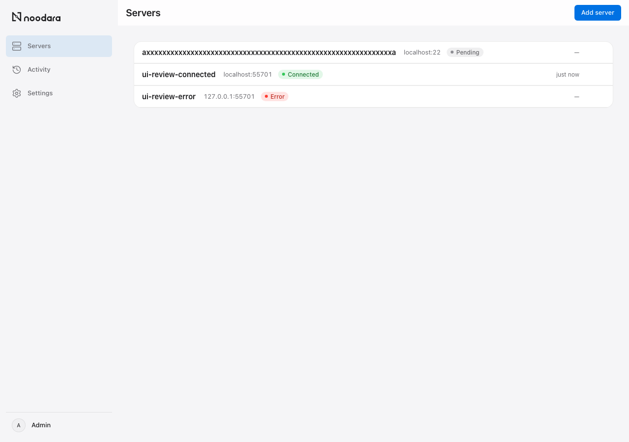 The Noodara servers list with a connected Ubuntu server